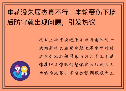 申花没朱辰杰真不行！本轮受伤下场后防守就出现问题，引发热议